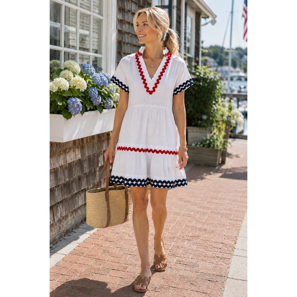 Sail to Sable White Linen Ric Rac Trim Nautical Tiered Midi Dress L NWT - Picture 9 of 9